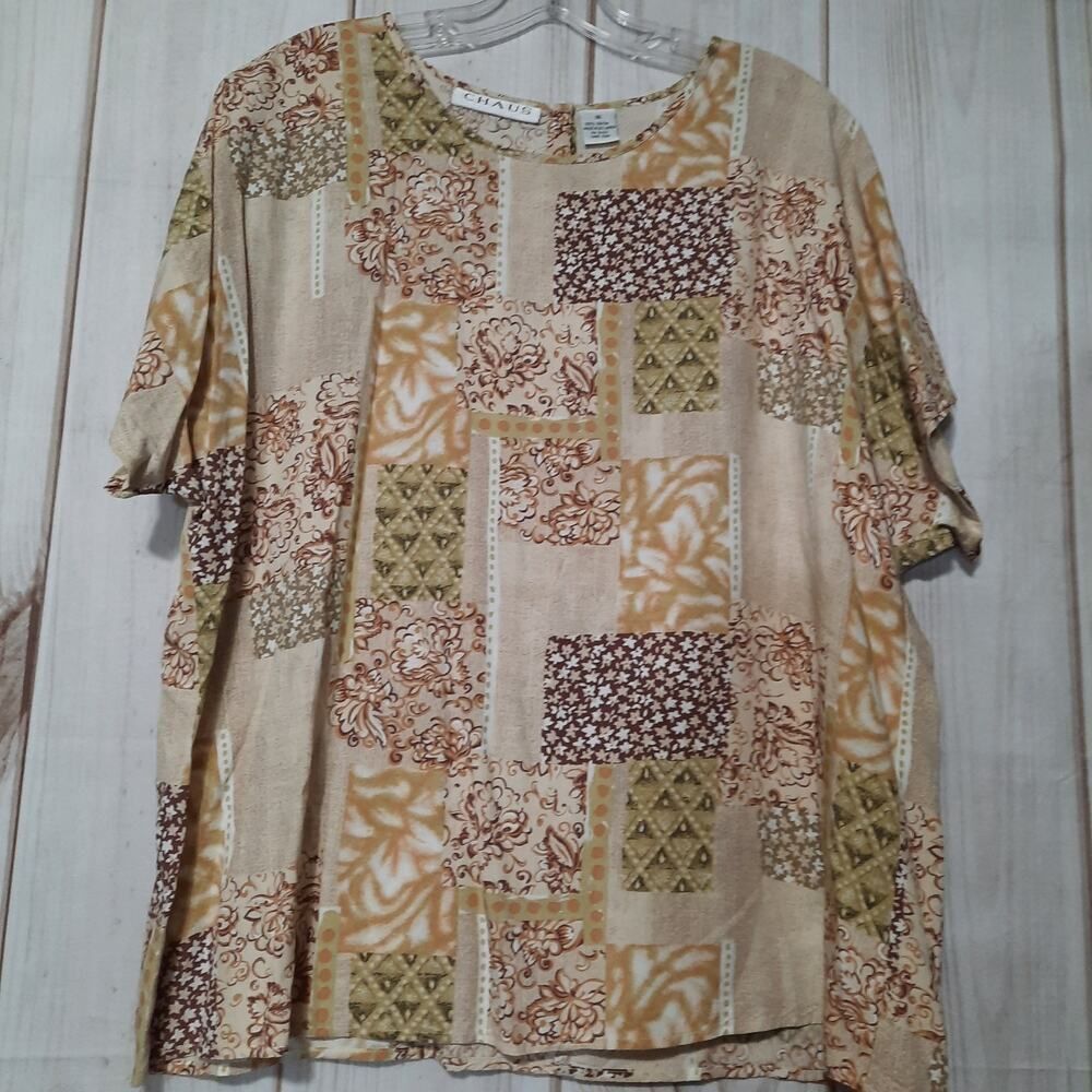 Chaus Shirt Ladies‎ Size 16 Short Sleeve Patchwork Light Weight Tan